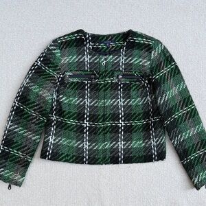 Chadwicks Women’s Jumbo Plaid Cropped Zip Up Jacket Blazer Green Black S M 10P